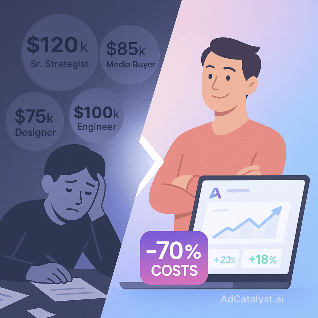 Modern infographic showing a stressed business owner surrounded by expensive employee salary bubbles on the left, versus a confident entrepreneur with a streamlined AdCatalyst dashboard showing growth metrics and cost savings on the right