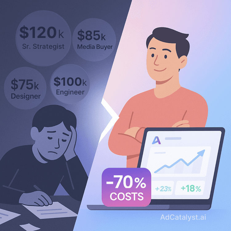Modern infographic showing a stressed business owner surrounded by expensive employee salary bubbles on the left, versus a confident entrepreneur with a streamlined AdCatalyst dashboard showing growth metrics and cost savings on the right